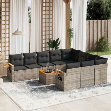 Canapé d'Extérieur Modulaire 11 Places en Résine Tressée Gris avec Coussins - Set Salon de Jardin avec Table et Accoudoirs à Plateau Intégré (1/5)