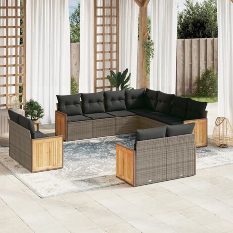 Ensemble de salon de jardin en résine tressée gris 11 pièces, incluant coussins, avec rangement intégré et design modulaire (1/3)