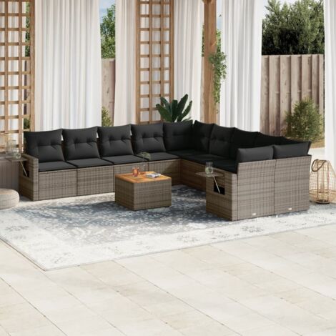 Ensemble salon de jardin 11 pièces résine tressée gris avec 2 fauteuils d'angle, 6 sièges, 2 canapés et table en acacia, coussins et rangement intégrés (1/3)