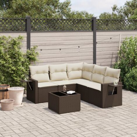 Ensemble de salon de jardin en résine tressée marron avec coussins crème, 6 pièces, canapé d'angle + 2 sièges centraux + 2 canapés avec accoudoirs + table en verre trempé. (1/5)