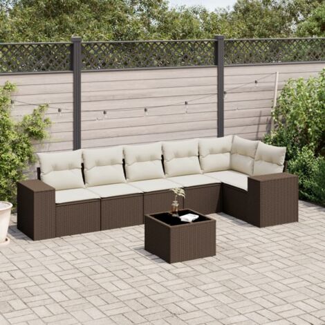 Ensemble Salon de Jardin 7 Pièces Marron en Résine Tressée avec Coussins Blancs Crème et Table en Verre Trempé (1/3)