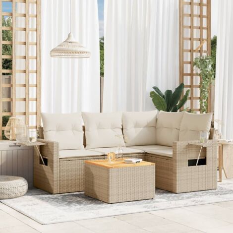 Salon de Jardin 5 Pièces Beige Résine Tressée Modulable avec Table Acacia et Coussins (1/3)