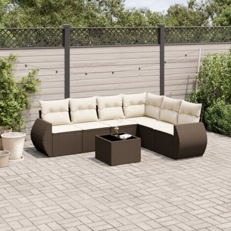 Salon de Jardin 7 Pièces en Résine Tressée Marron avec Table en Verre Trempé, Coussins Blanc Crème et Fonction de Rangement Intégré (1/3)