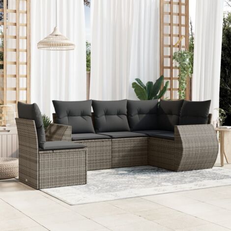 Ensemble Salon Jardin 5 Places Gris Résine Tressée avec Coussins et Rangement Modulaire, Stockage Etanche (1/3)