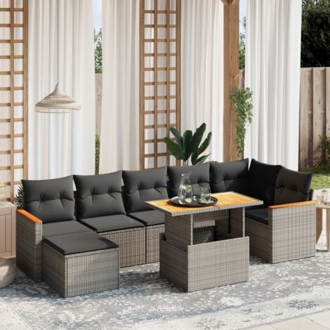 Ensemble de Jardin 8 Pièces Salon Gris Résine Tressée avec Table Réglable, Coussins Détachables et Housse Amovible (1/3)