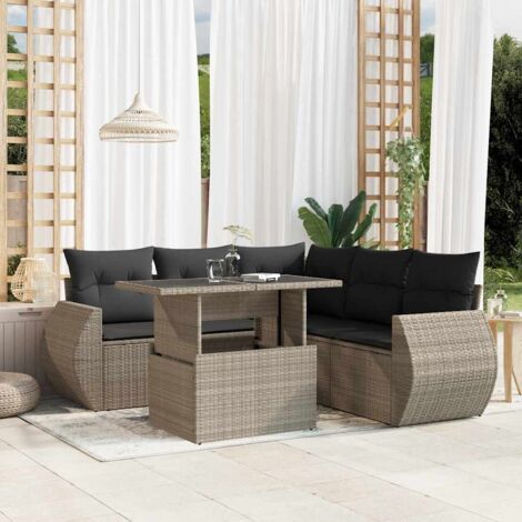 Ensemble salon de jardin 6 places en résine tressée gris clair avec coussins et table réglable (1/5)