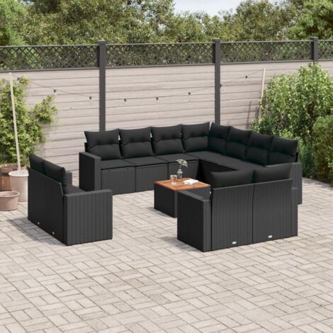 Ensemble canapé de jardin 12 places noir résine tressée poly rotin avec coussins et table en acacia (1/3)