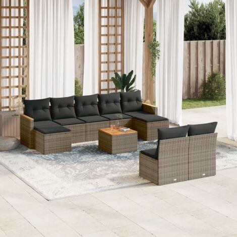Salon de Jardin en Résine Tressée Gris avec Table Acacia et 10 Coussins Lavables - Ensemble Modulaire 9 Pièces pour Terrasse et Jardin (1/5)