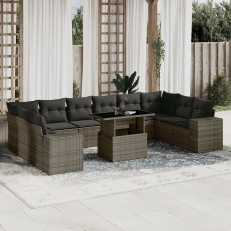 Canapé de Jardin en Résine Tressée Modulable 11 Pièces Gris avec Table Réglable et Coussins (1/5)