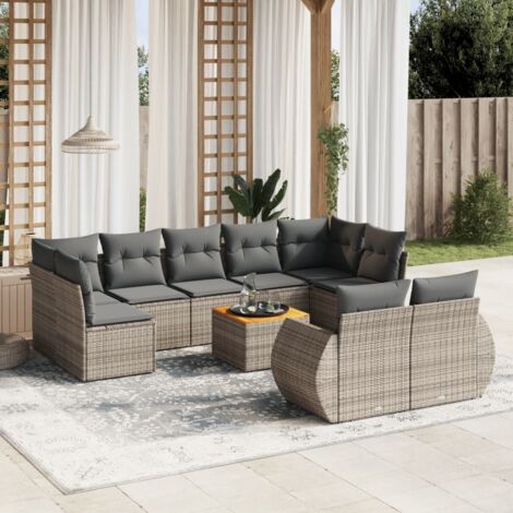 Ensemble salon de jardin en résine tressée gris avec 10 coussins, 2 canapés d'angle, 1 table en acacia - Mobilier terrasse modulaire résistant aux UV. (1/5)