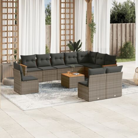 Ensemble Salon de Jardin 11 Pièces Résine Tressée Gris avec Coussins et Table Acacia - Confort Modulable pour Terrasse (1/5)