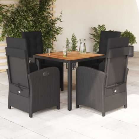 Ensemble Jardin 5 Pièces Résine Tressée Noir avec Coussins Lavables - 4 Fauteuils Inclinables et Table Acacia 90x90 cm (1/5)