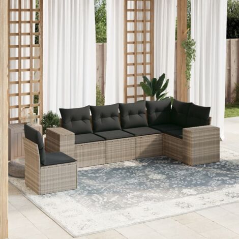 Ensemble salon de jardin 6 places résine tressée gris clair avec coussins gris foncé - Module d'angle + 3 sièges centraux + 2 canapés accoudoirs - Rangement intégré, housses lavables (1/3)