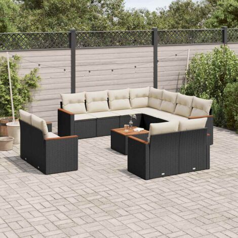 Ensemble de salon de jardin modulaire 12 pièces noir résine tressée, acacia, coussins blanc crème, rangement intégré (1/5)