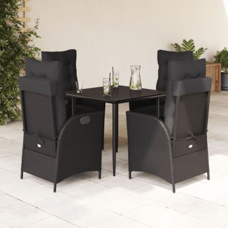 Ensemble à manger de jardin 4 chaises inclinables + table verre 80x80 cm noir résine tressée (1/5)