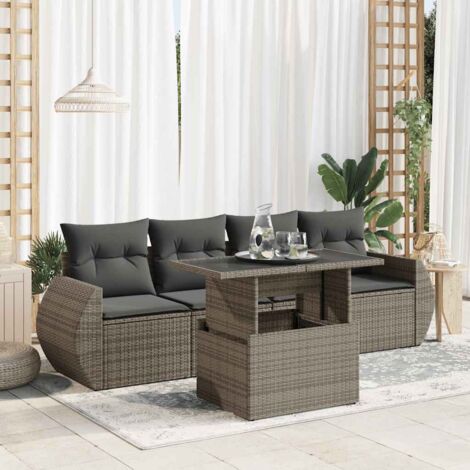 Set de Salon Jardin Gris 5 Pièces Résine Tressée avec Table Réglable et Coussins Lavables [2 Fauteuils, 2 Canapés, 1 Table, 4 Coussi (1/5)