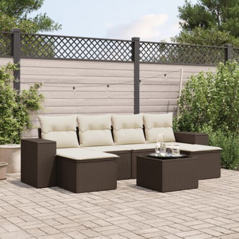 Ensemble salon de jardin 7 pièces en résine tressée marron avec coussins blanc crème, table en verre trempé, modulaire et fonction rangement. (1/3)