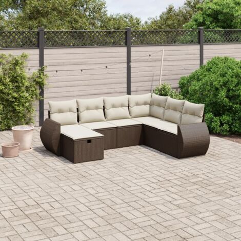 Ensemble Salon de Jardin en Résine Tressée Marron 7 Pièces avec Coussins Crème (1/4)