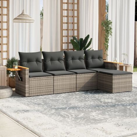 Salon de jardin en résine tressée gris 5 places modulaire avec accoudoirs, coussins lavables et table d'appoint (1/5)