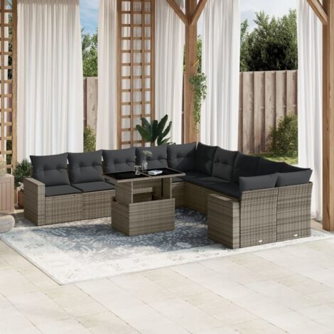 Ensemble canapés de jardin 11 pièces gris résine tressée avec coussins lavables et table réglable (1/5)