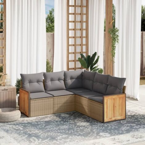 Ensemble Salon de Jardin 5 Places Modulable en Résine Tressée Beige avec 5 Coussins Gris (1/5)