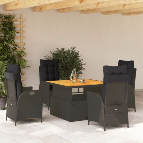 Ensemble Jardin 5 pièces Noir Résine Tressée avec Coussins - 4 Fauteuils Inclinables et Table Relevable en Acacia 110x110cm (1/5)