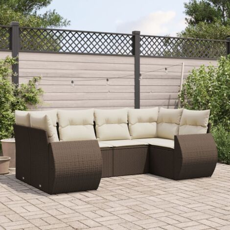 Canapé d'extérieur 6 places marron en résine tressée avec 14 coussins crème – Modèle modulaire avec pieds réglables (1/5)