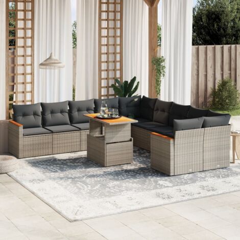 Set de salon de jardin modulaire 11 pièces en résine tressée grise avec table extensible et coussins amovibles (1/3)