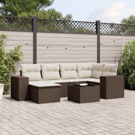 Ensemble de salon de jardin 7 places en résine tressée marron avec coussins crème et table en verre trempé - Modulable et lavable (1/5)
