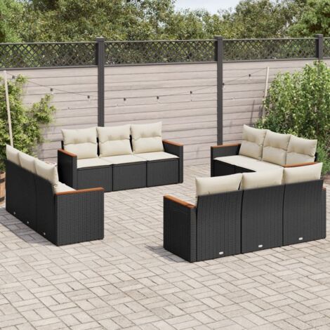 Ensemble de Jardin 12 Places Noir en Résine Tressée avec Coussins Crème, Acacia et Rangement (1/3)