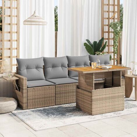 Ensemble de Salon Jardin 5 Pièces Résine Tressée Beige avec Coussins et Table Réglable à Double Hauteur (1/5)