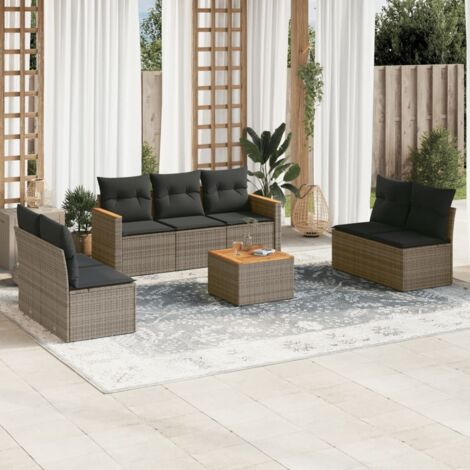 Canapé de Jardin en Résine Tressée avec Coussins, Table et Espace de Rangement, 8 Pièces, Gris - Modulable, Acacia, 55x55cm, Lavable et Résistant aux Intempéries (1/3)