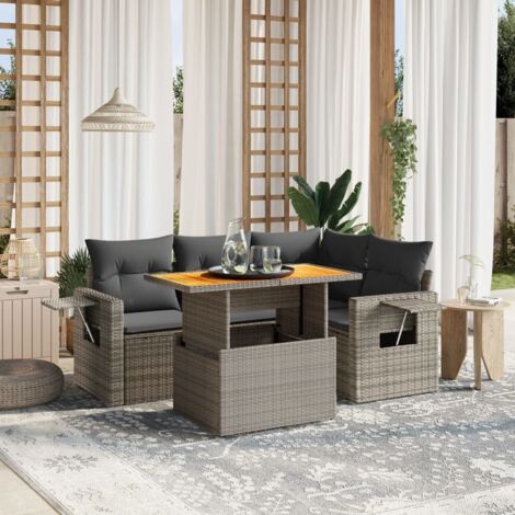 Ensemble de jardin 5 places en résine tressée gris avec table extensible et coussins amovibles (1/3)