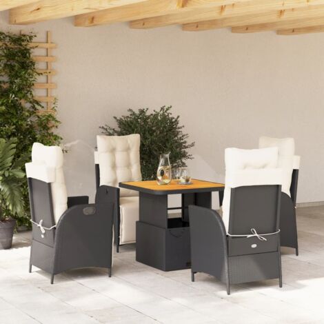 Ensemble de Jardin 5 Pièces Noir Résine Tressée Relevable avec Coussins Crème, 4 Fauteuils Inclinables et Table Acacia (1/5)
