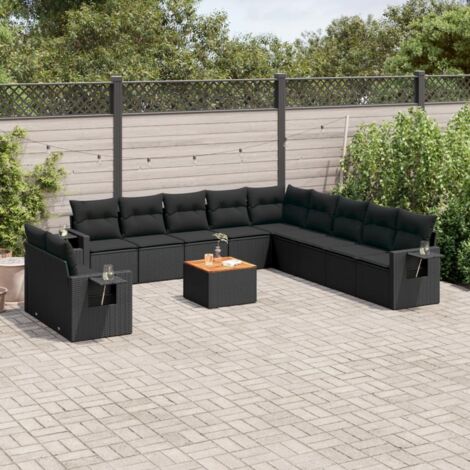 Ensemble de jardin 12 pièces en résine tressée noire avec coussins, table acacia et repose-bras à tablette (1/5)