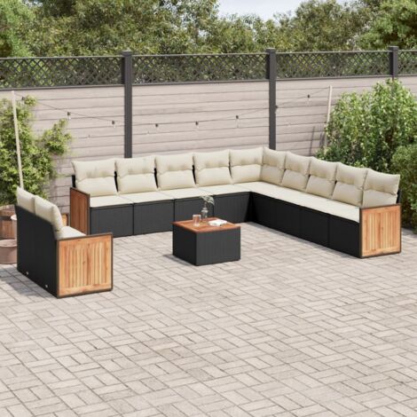 Ensemble de jardin 12 places en résine tressée noir, avec canapés modulaires, coussins crème, table en acacia et rangement intégré (1/3)