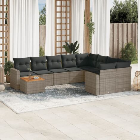 Ensemble de salon jardin 10 pièces gris résine tressée polyrotin avec 2 canapés d'angle, 9 coussins lavables et table acacia (1/5)