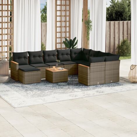 Salon de jardin modulaire 11 pièces résine tressée gris, 3 sièges d'angle + 5 centraux + 2 avec accoudoirs, repose-pied et table acacia (1/5)