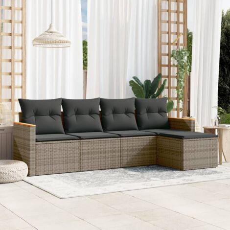 Set de Salon Jardin 5 Pièces en Résine Tressée Gris avec Coussins Amovibles, Cadre Acier (1/5)