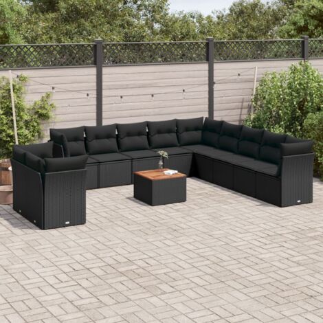 Salon de Jardin 12 Places Noir en Résine Tressée Polyrotin avec Coussins, Table Acacia et Espace de Rangement Modulable (1/5)