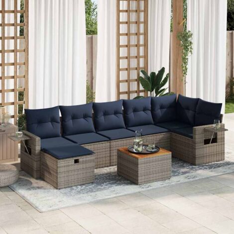 Ensemble de salon de jardin 8 pièces en résine tressée grise avec coussins bleu marine, table en acacia et rangements intégrés (1/5)