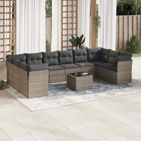 Ensemble de Jardin 11 pièces en Résine Tressée Gris avec Coussins - 6 Fauteuils Centraux + 4 d'Angle + 1 Table en Verre Trempé (1/3)