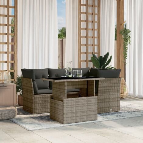 Ensemble de Jardin 5 pièces en Résine Tressée Gris avec Table à Relevage et Coussins Lavables (1/5)