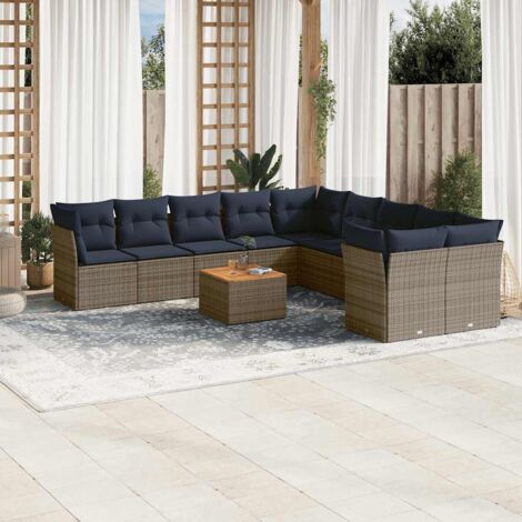 Ensemble de Jardin 11 Pièces en Résine Tressée Gris avec Coussins Bleu Marine, Table en Acacia, Sièges avec Rangement (1/5)