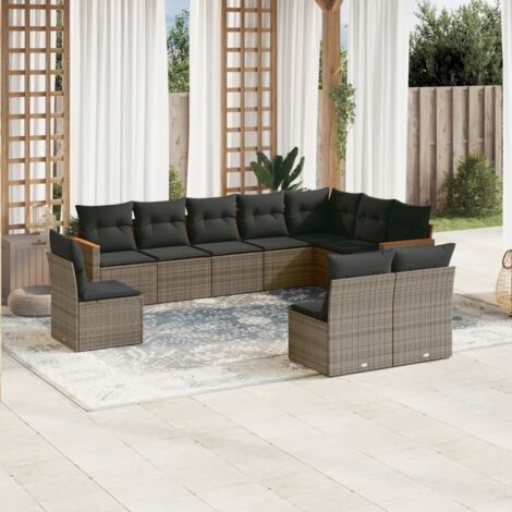 Ensemble de salon de jardin 10 places en résine tressée gris avec coussins et rangement intégré (1/3)