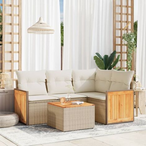 Ensemble de salon de jardin 4 places en résine tressée beige avec table acacia et coussins, fonction rangement (1/3)