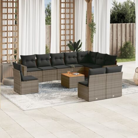 Salon de jardin 11 pièces en résine tressée grise avec coussins amovibles - Table en acacia massif - Meuble d'extérieur modulaire (LxPxH: 65,5x62x69 cm) (1/3)