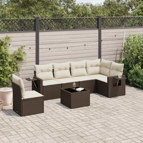 Ensemble Salon Jardin Résine Tressée Marron 7 Pièces avec Table Verre Trempé et Coussins Crème (1/5)