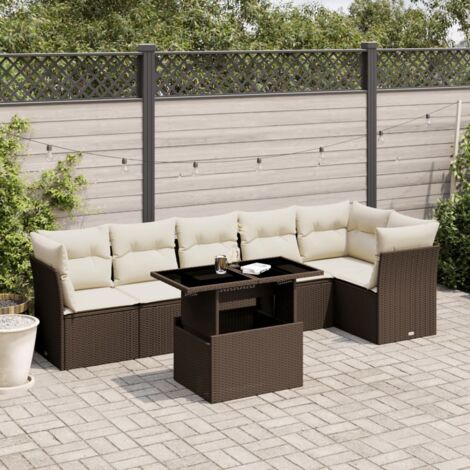 Ensemble Salon de Jardin 7 Places en Résine Tressée Marron avec Table à Hauteur Réglable et Coussins Blanc Crème (1/5)