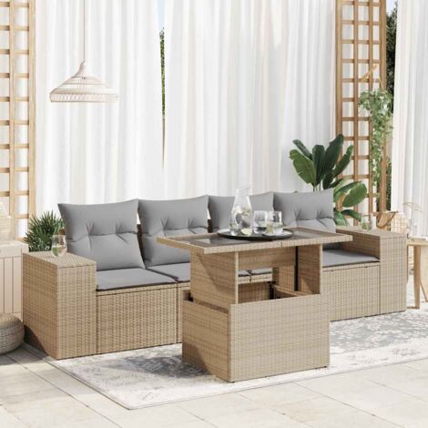 Ensemble canapé jardin 5 places avec rangement, table réglable, résine tressée beige et coussins gris amovibles (1/5)